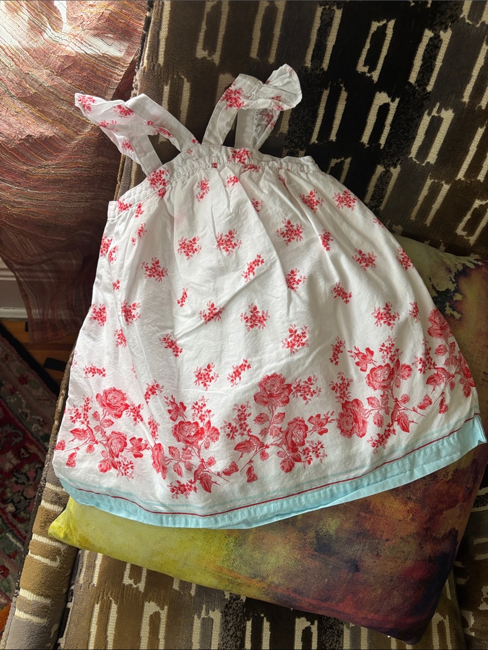Janie and Jack White Dress with Red Floral Print and Blue Trim